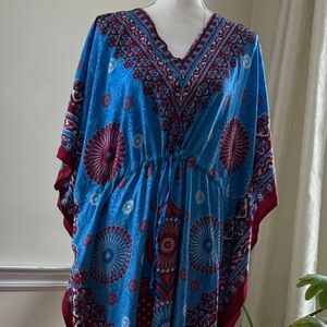 Bohemian Blue and Red Kaftan Dress  vacay prep